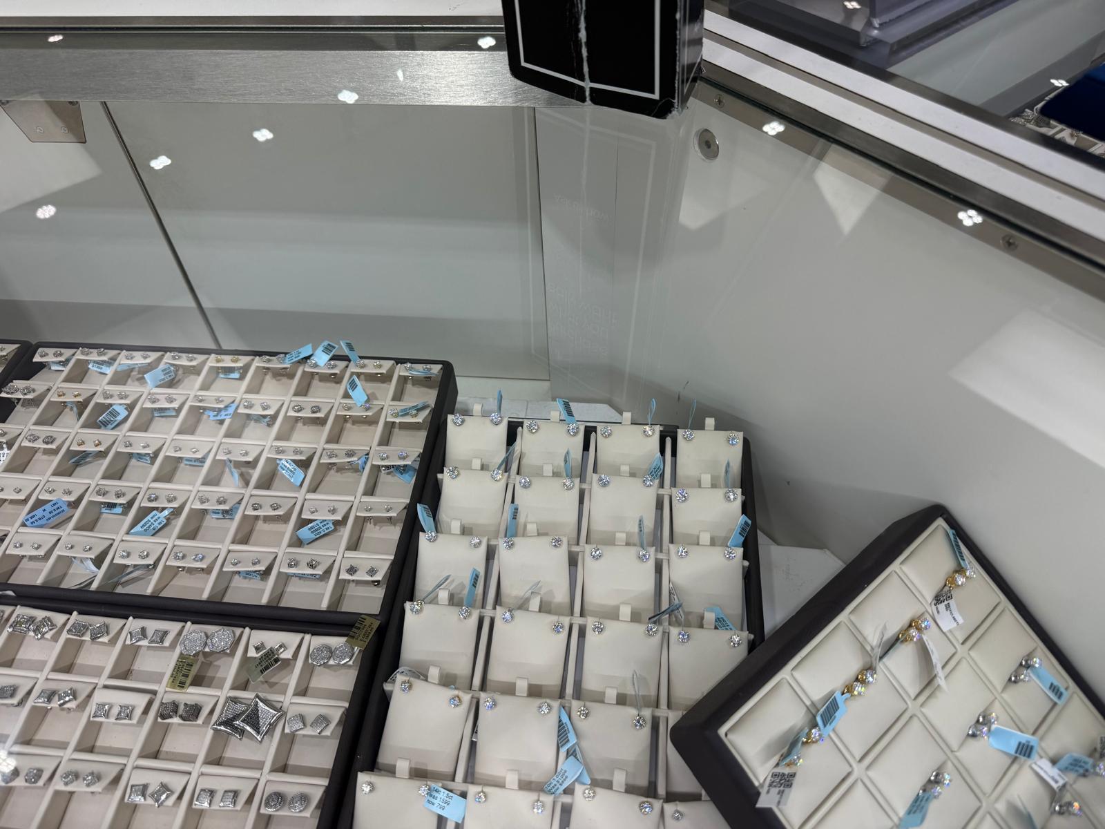 Stud earrings in the BD Jewelrys display case