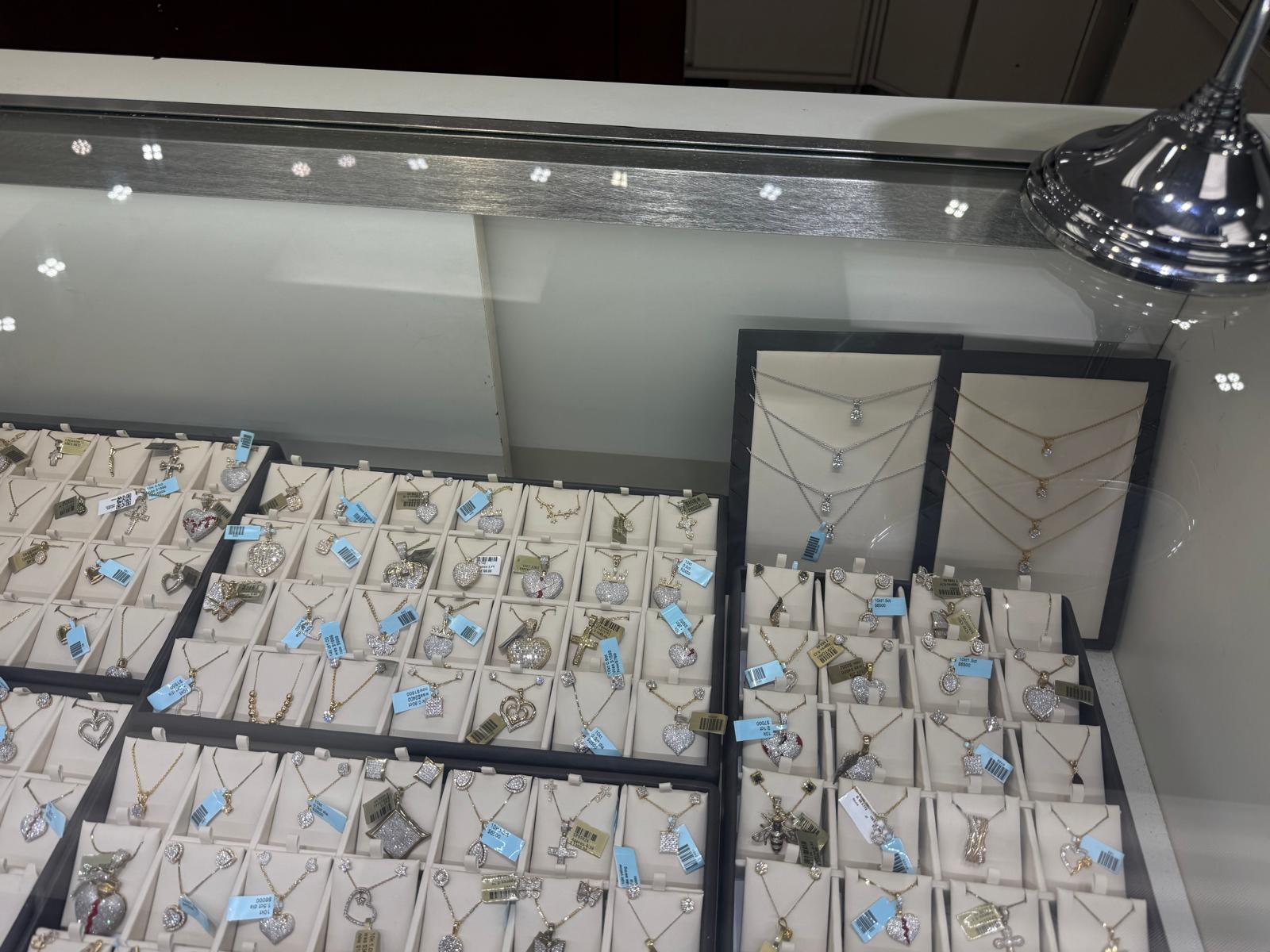 Necklaces and pendants in the BD Jewelrys display case